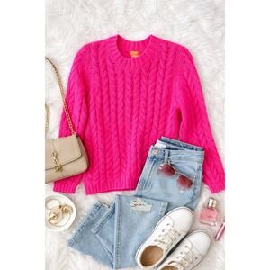 Joe Fresh Hot Pink Cable Knit Sweater Women's Small Chunky Knit Crewneck Cozy